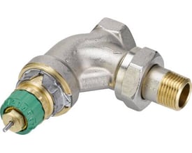 Danfoss RA-DV 15 vinkelløb radiatorventil i forniklet messing med grøn indstillingsskala og 1/2" gevind.