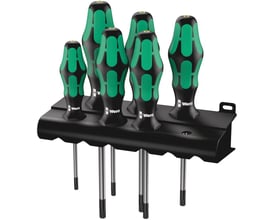 Wera 6-delt skruetrækkersæt 367/6 BO med Torx T10-40 og grønne/sorte ergonomiske Kraftform-greb på en sort holder.