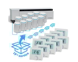 Pettinaroli trådløst styresystem til 10 zoner, viser styreboks, 10 telestater og 10 rumtermostater på hvid baggrund med grafisk element af en åben kasse og pil.