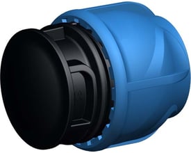Georg Fischer iJOINT plastfitting slutmuffe med kompressionskobling til 63 mm PE-rør, fremstillet af UV-stabiliseret polypropylen i blå og sort.
