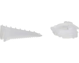 Lauritz Knudsen FUGA & OPUS 66/74 kabelaflastning med kile, hvid. Produktet består af to hvide plastikdele på isoleret baggrund.