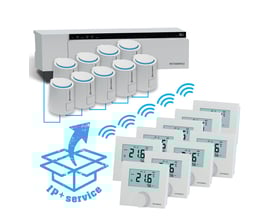 Pettinaroli trådløst styresystem med 9 hvide rumtermostater og 9 telestater samlet klar til brug.