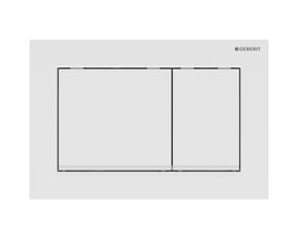 Geberit Omega20 Square betjeningsplade i mat hvid og blank hvid, med to synlige trykflader på hvid baggrund.