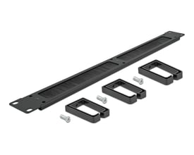 DeLock 19" kabelmanagement børstestrimmel i sort 1U med 3 kroge og skruer, vist på hvid baggrund.