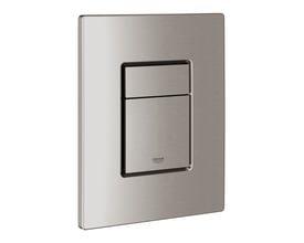 Grohe Skate Cosmopolitan betjeningsplade i stål, 156 x 197 mm, med dobbelt skyl og start/stop funktion på hvid baggrund.