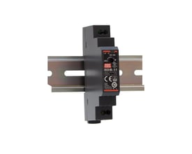 Mean Well HDR-15-12 strømforsyning til DIN-skinne med 17,5mm bredde, viser DC OK-indikator og justeringsknap.