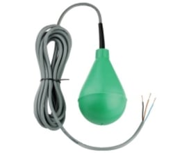 AKO-5312 niveauvippe med 6 meter kabel, vist med den grønne flyder og enden af ledningen med afisolerede ledere.