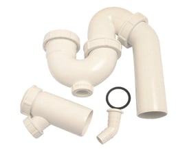 Adskilte dele af Viega universal vandlås i hvid PP, viser vandlåsens krop, afløbsrør og diverse tilslutninger.