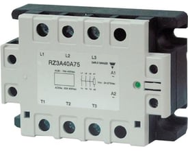 Carlo Gavazzi 3-polet relæ med Zero Switching teknologi, model RZ3A40A75, 3x600V/3x55AAC kapacitet og 24-275 VAC/24-50 VDC indgang.