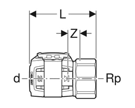 Teknisk tegning af Geberit FlowFit overgang med dimensioner markeret, der viser 40mm muffe og 1 1/2" indvendigt gevind.