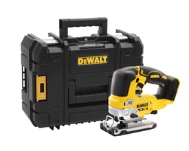 DeWalt 18V XR kulfri stiksav med bøjlehåndtag og TSTAK II kuffert, vist isoleret på hvid baggrund.