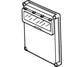 Detalje af Fibox SOLID PGL13-1 hængsellåg med synlige hængsler og monteringshuller i grå plast.