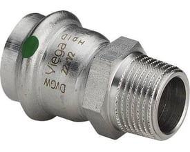 Viega G1 Sanpress Inox overgangsstykke i rustfrit stål med 42mm presmuffe og 1½" gevindnippel.