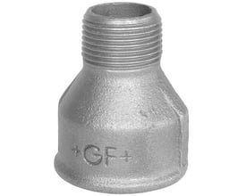 Georg Fischer galvaniseret spidsmuffe af blødstøbt støbejern med 2" udvendigt gevind og 1¼" indvendigt gevind.