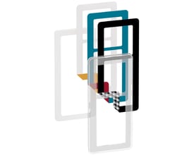 LK FUGA Choice designramme i transparent med forskellige farveindlæg og ydre rammer i hvid, turkis og sort.