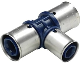 Nærbillede af Wavin Tigris K1 T-stykke til Alupex-rør, der viser de tre preskoblinger og den blå PPSU-kerne.