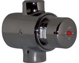 CMA tempostop bruseventil i forkromet messing med synlig rød knap for aktivering og 1/2" tilslutning.