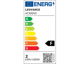 Energimærke for Ledvance lyskilde med energiklasse F, 2 kWh/1000h og QR-kode.