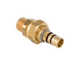 Geberit Mepla union med nippel, messing, 50mm diameter og 1 1/2" udvendigt gevind på hvid baggrund.