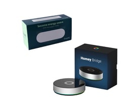 Homey Bridge og frient EMI Norwegian HAN energimåler med indpakning på hvid baggrund.