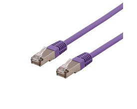 Deltaco S/FTP Cat6 patchkabel i lilla, 1 meter langt, med synlige RJ45 stik og LSZH-materiale på hvid baggrund.