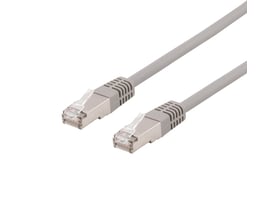 DELTACO U/FTP Cat6a patchkabel på 0,3 meter i grå LSZH-materiale med metalbelagte RJ45-stik.