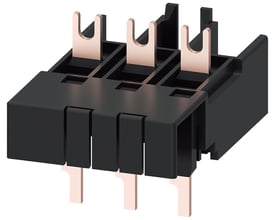 Siemens linkmodul 3RV2.21/3RT2.2 med skruetilslutning, viser tre kobberkontakter og sort plastikhus.