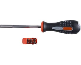 Bahco bitsskruetrækker med indbygget bitmagasin og magnetisk holder, vist sammen med et sæt bits i orange holder.
