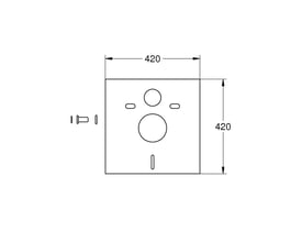 Teknisk tegning af Grohe lyddæmpersæt med mål 420x420mm og udskæringer til toiletinstallation på hvid baggrund.
