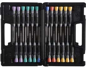 Bahco elektronik skruetrækkersæt med 24 dele i en sort plastikkuffert, med farvekodede håndtag for nem identifikation af kærvtype.