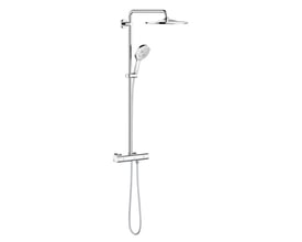 Komplet GROHE Rainshower SmartActive 310 brusesystem med termostat i skinnende krom, isoleret på hvid baggrund.