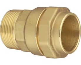 Isiflo gevindovergang i messing med kompressionskobling og nippel, måler 40 mm x 1½" til brugsvand.