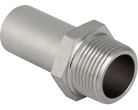 Geberit Mapress rustfrit indstiksovergangsstykke på 18 mm med udvendigt R½" gevind på en hvid baggrund.