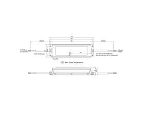 Teknisk tegning af Mean Well ELG-150-12 LED-driver med dimensioner og tilslutningsdetaljer for input og output.
