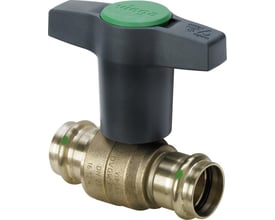 Viega Easytop kuleventil på 42 mm i rødgods med antrasittgrått T-håndtak og grønn markering, sett skrått forfra.