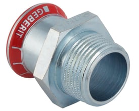 Nærbillede af Geberit Mapress FZ overgang, der viser 22 mm presmuffe og 1/2" gevind, fremstillet af el-forzinket stål.