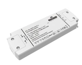 Snappy LED Driver SP50-24VFT, 50W 24VDC, dæmpbar med lav byggehøjde, måler 177x57,8x21,8 mm, med CE og SELV mærkning.