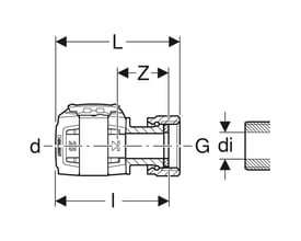 Teknisk tegning af Geberit FlowFit overgang med dimensioner og mål i mm og tommer.