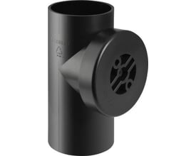 Svart Geberit rensegrenrør med deksel, 110 mm og 90° vinkel, sett skrått forfra med åpent rør og rundt deksel.