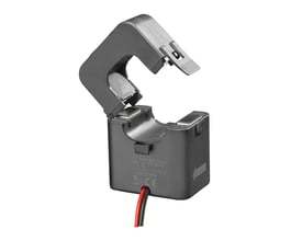 Carlo Gavazzi delbar strømtransformator 250/5 A med svart, åpent klaphus og synlig rød og svart kabel.