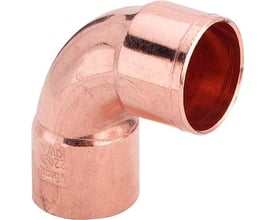 Lodde vinkel 90° i ubehandlet kobber med 35 mm muffe/muffe tilslutninger på begge sider for kobberrør.