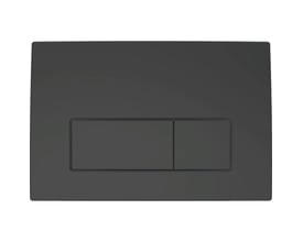 Nærbillede af Geberit Delta50 betjeningsplade i matsort, der viser de to trykknapper til dobbeltskyl.