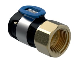 Farvefoto af Geberit FlowFit overgang, 16mm x 1/2" MF, udført i messing og plast med blå aktiveringsclip og synlig O-ring.