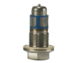 Danfoss TUA/TUAE dyse i rustfrit stål med dysestørrelse 6, omgivet af en blå filterholder og monteringsgevind.