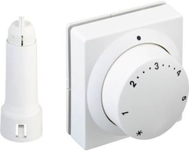 Danfoss RA 5062 fjernindstillings termostat med indbygget føler og 2 meter kapillærrør, hvid, vist med den separate føler ved siden af.