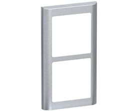 LK FUGA Soft 63 lodret designramme i stålmetallic med plads til to moduler, minimalistisk design på hvid baggrund.