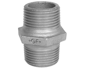 Georg Fischer galvaniseret brystnippel i blødstøbt støbejern med udvendigt gevind i begge ender, dimension 1½" x 1½".