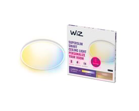 WiZ Superslim Smart Ceiling Light med diameter 43 cm, vist med indbygget tunable white LED og med tilhørende emballage.