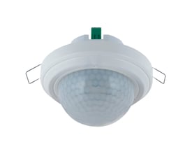 Carlo Gavazzi SHQP360L7M bevegelsessensor for innfelling med rund, fasettert sensorlinse og grønn tilkobling.