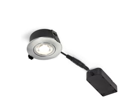 Nordtronic Low Profile Flexible G2 indbygningsspot i børstet aluminium med tilhørende driver på hvid baggrund.